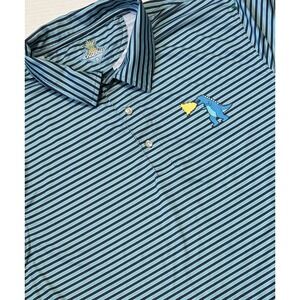 CHUBBIES - Men's Blue Striped Stretch Polo w/ T-Rex The Fired Up Polo Shirt - XL
